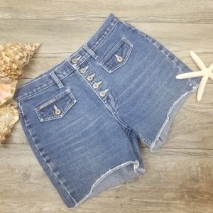 NO EXCUSES Vintage Denim High Waist Button Fly Shorts Sz 9/10 Cut Off Raw Edge